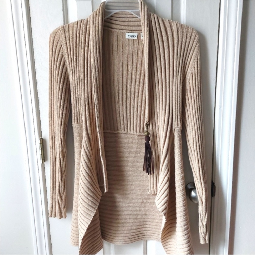 Cato - Beige Knit Open Sweater Cardigan w/ Tassle